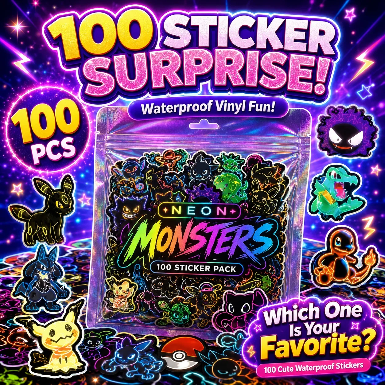 Laptops - 100 sztuk neonowych naklejek Pokémon, wodoodporne,